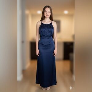 Vtg Dave & Johnny By Laura Ryner Size 9/10 Navy Satin Beaded Prom Formal Dress M